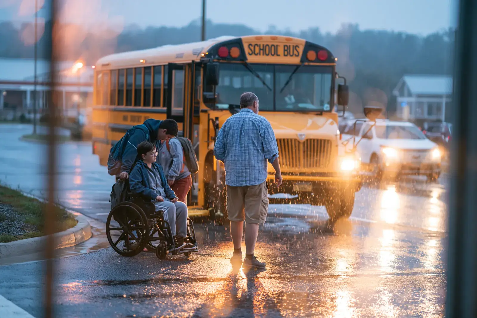 A wheelchair rider and family at the bus in evening rain, headlights on the wet road.