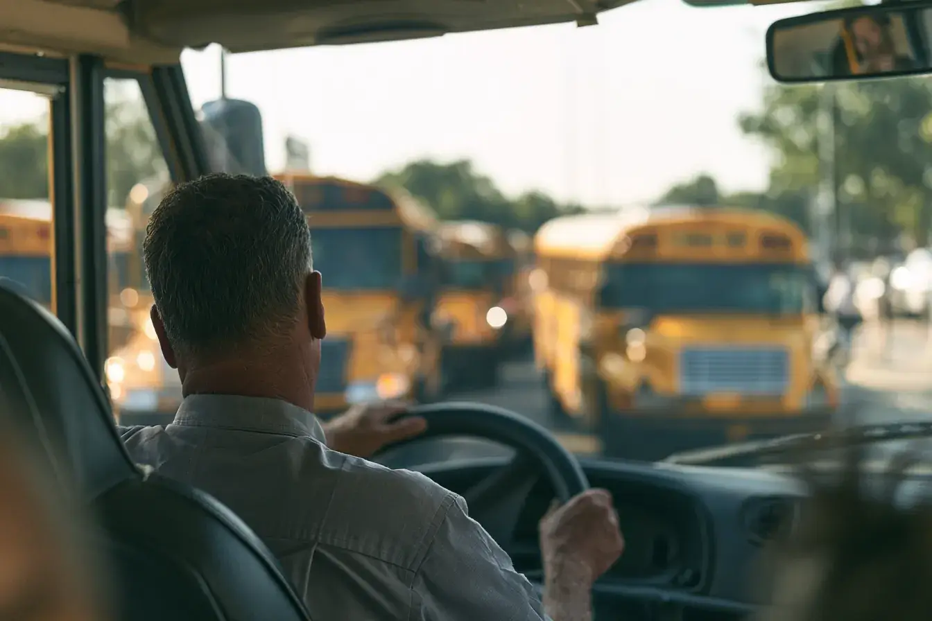 Over the shoulder from the seat — hands on the wheel, buses ahead through the glass.