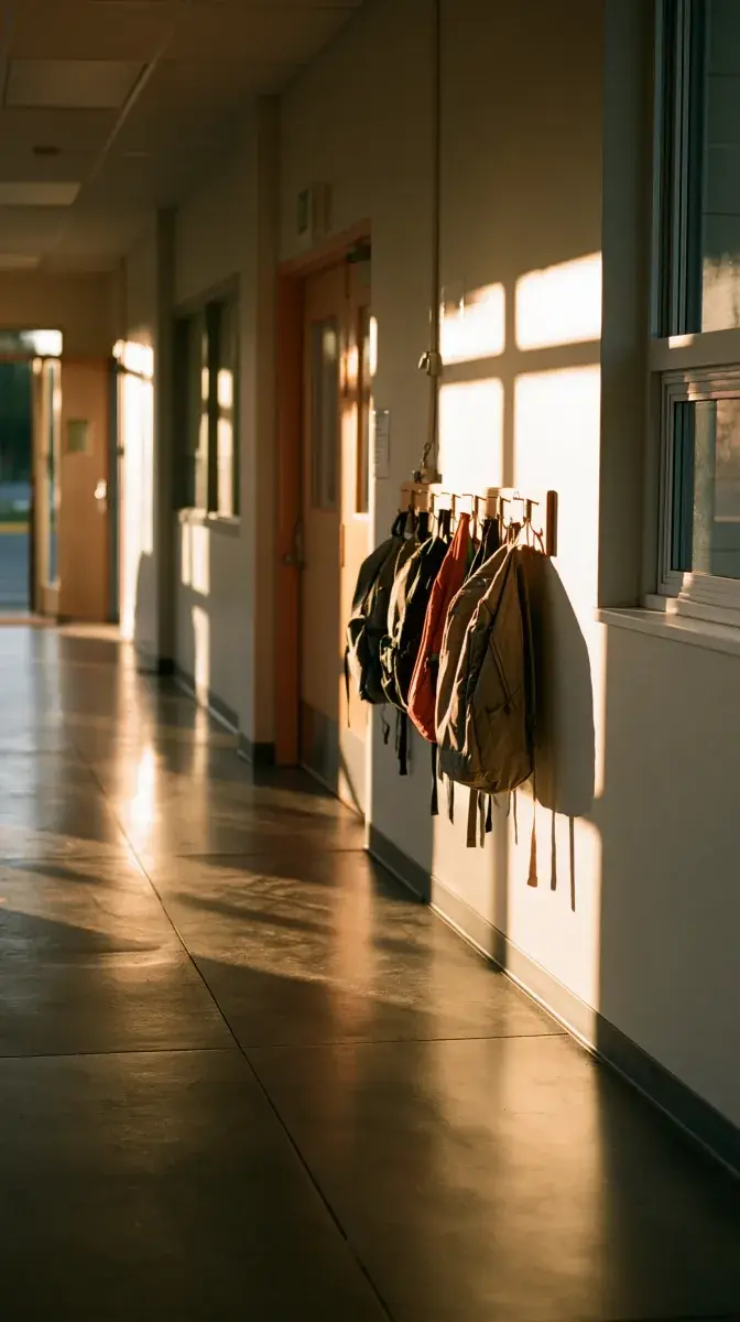 Backpacks on hooks in a warm, empty elementary corridor.