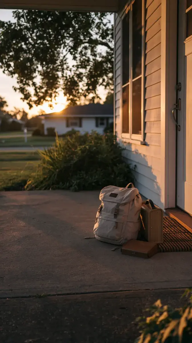 A packed backpack and shoes waiting by the front door at first light.