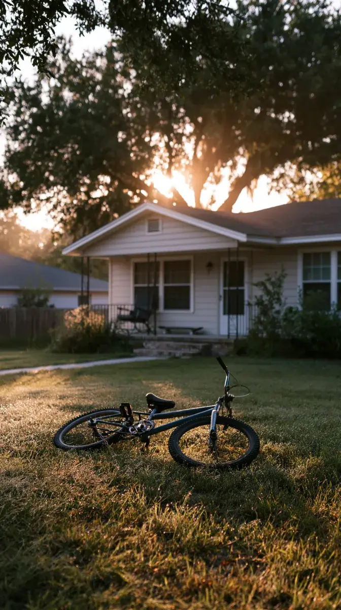 A bike dropped on the lawn in front of a house at golden hour.