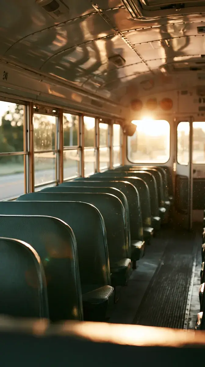 The empty aisle of a bus, low sun raking the seat backs.