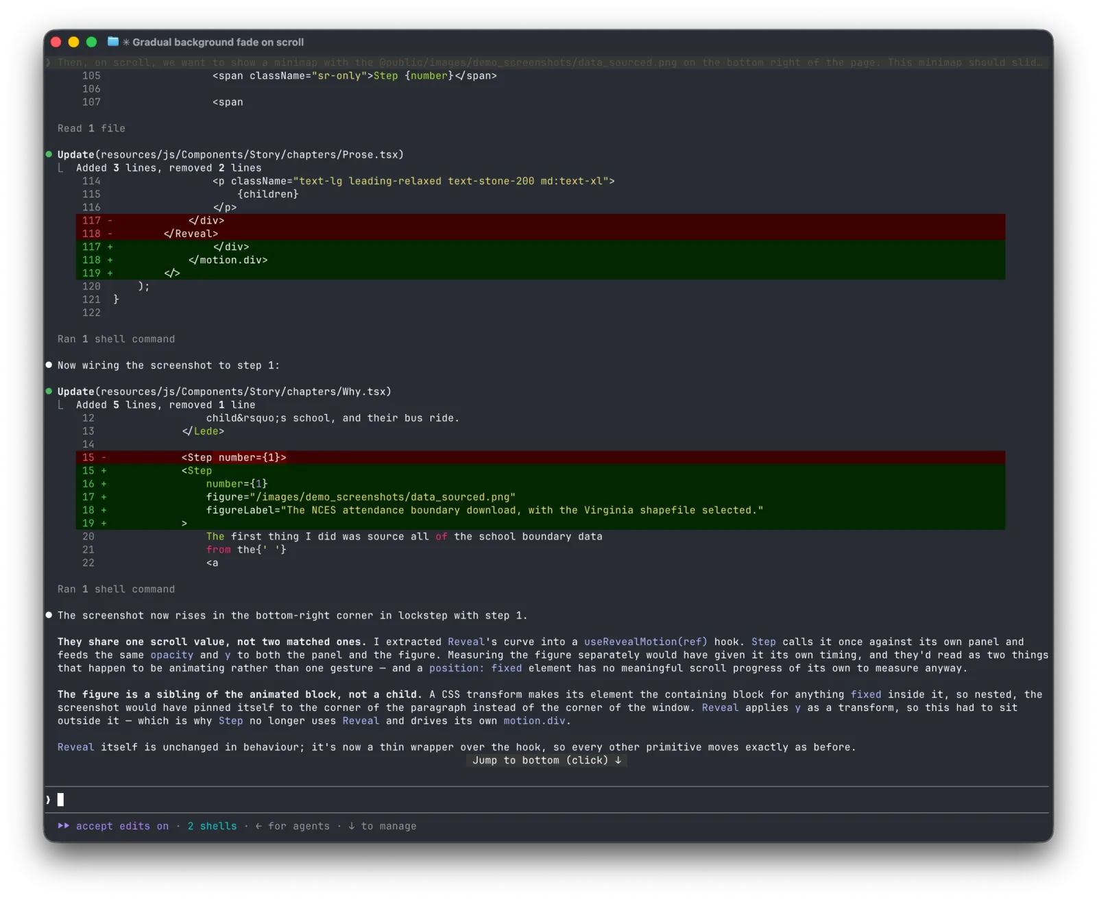 A Claude Code session in the terminal, editing this project's own components.
