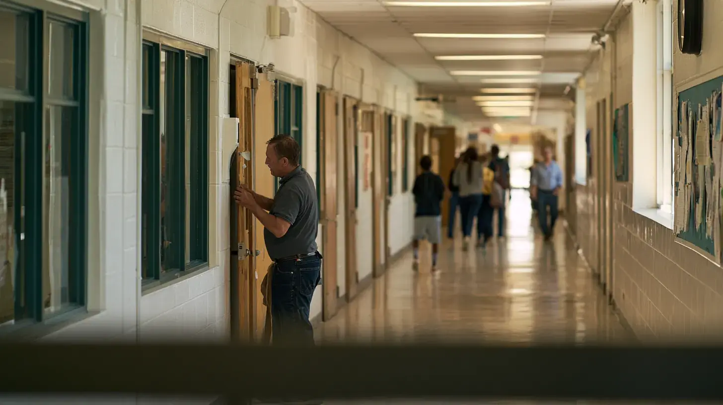 A custodian at a classroom door in a long, dim corridor.