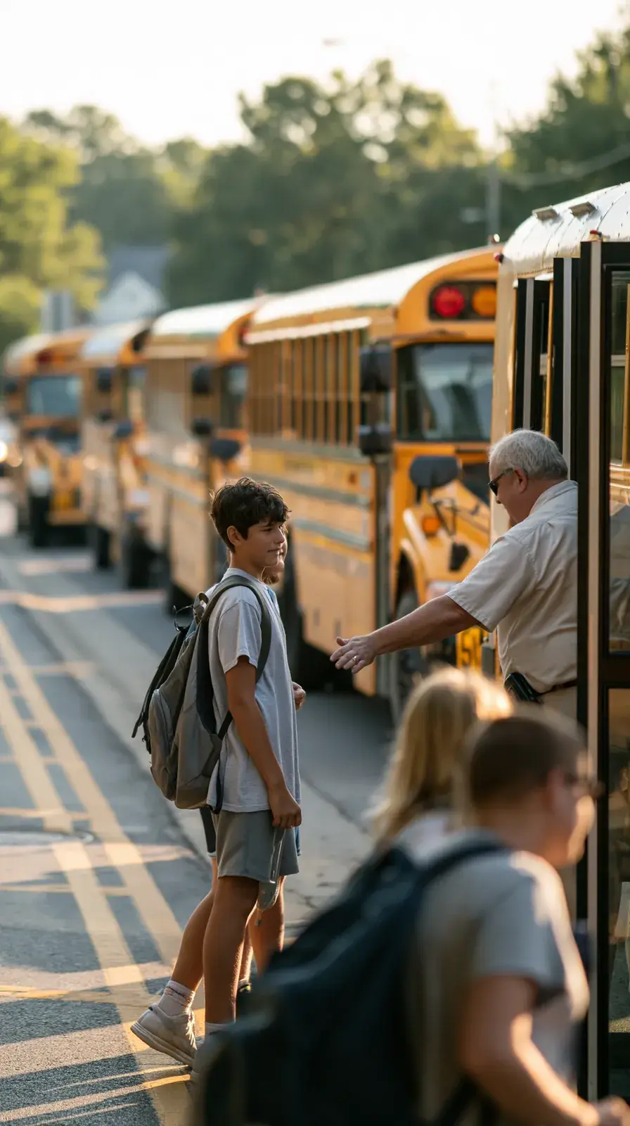 A driver greeting a boy at the door with the line of buses stretching away.
