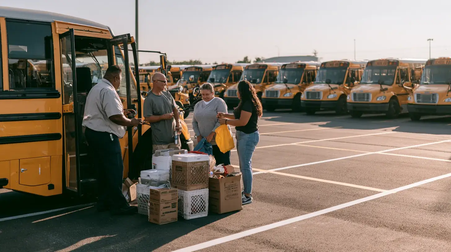 A driver and monitor loading crates with two teachers before a trip.