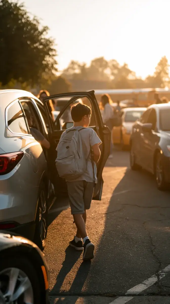 A student climbing into a car in the pickup line at sunset.