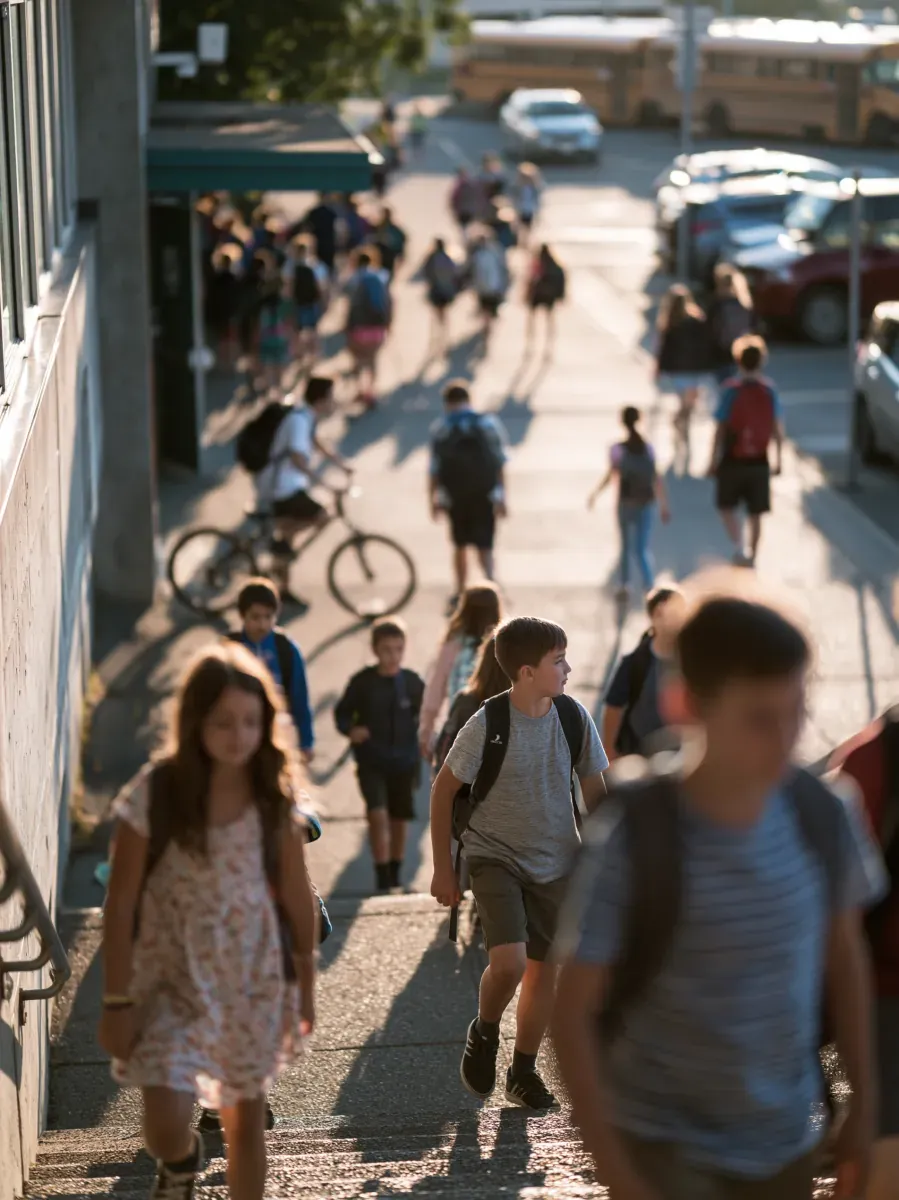A crowd of students streaming down the stairs at dismissal.