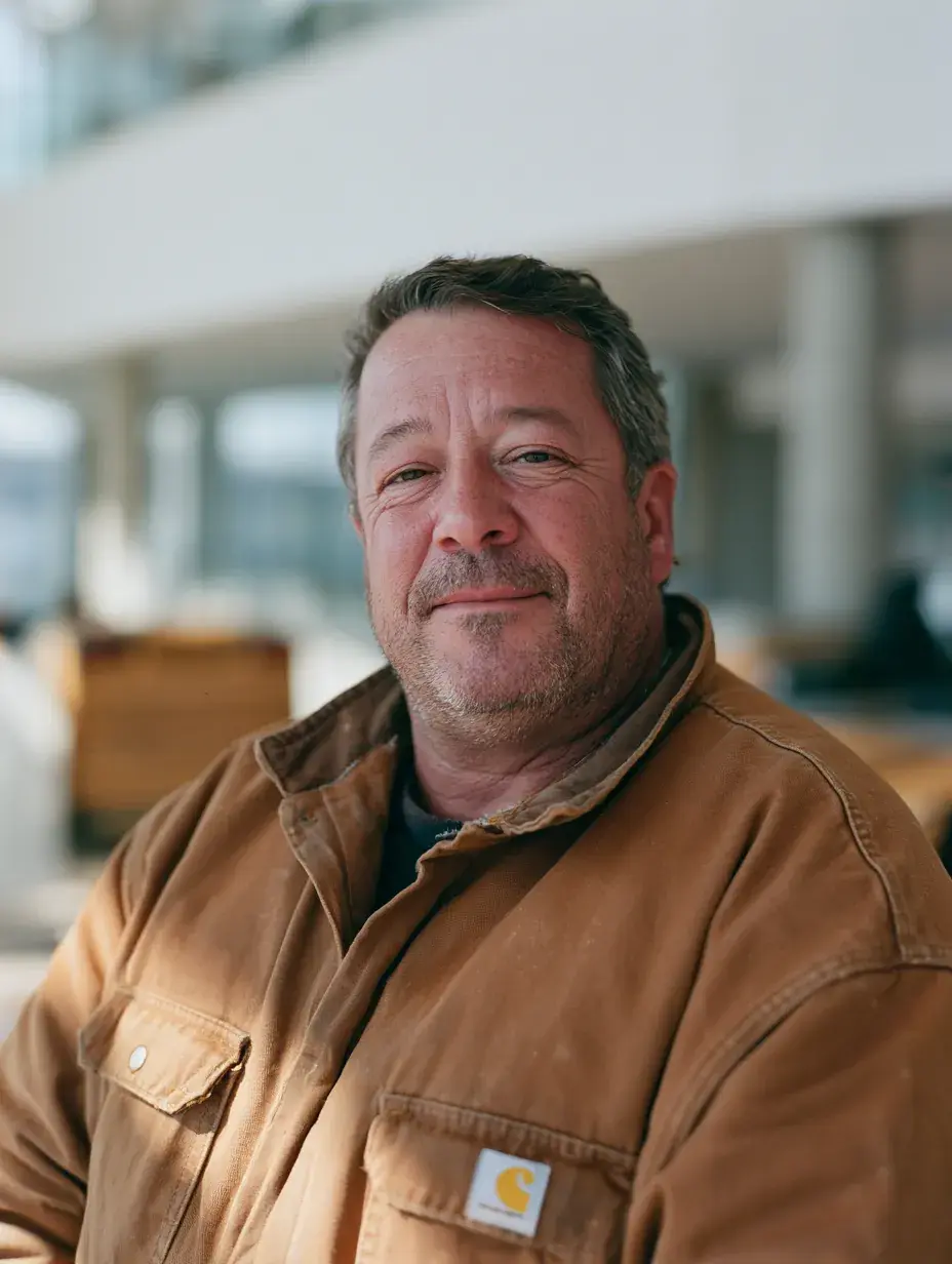 Waist-up portrait of a driver in a canvas work jacket, terminal behind him.