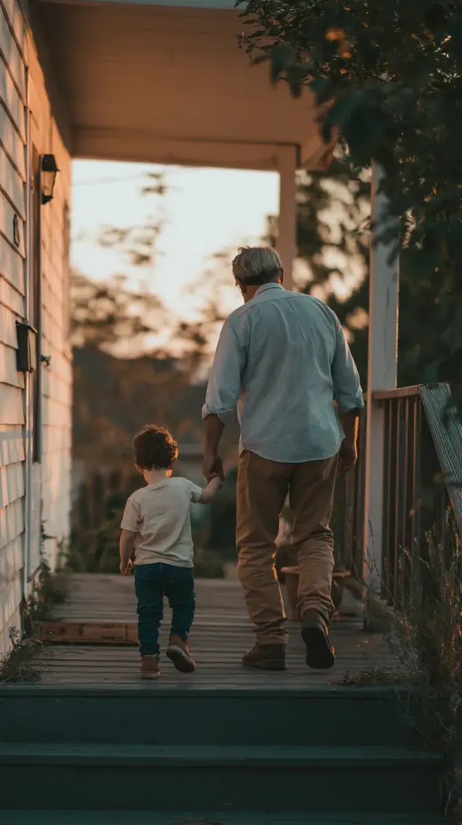 A grandparent walking a small child up the porch steps at dusk.