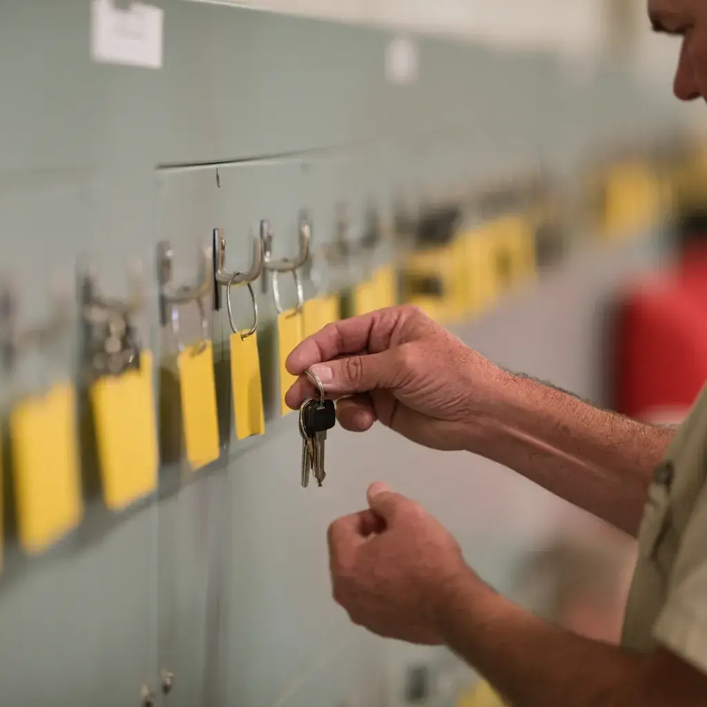 A hand lifting a key ring off a tagged key board in the depot office.