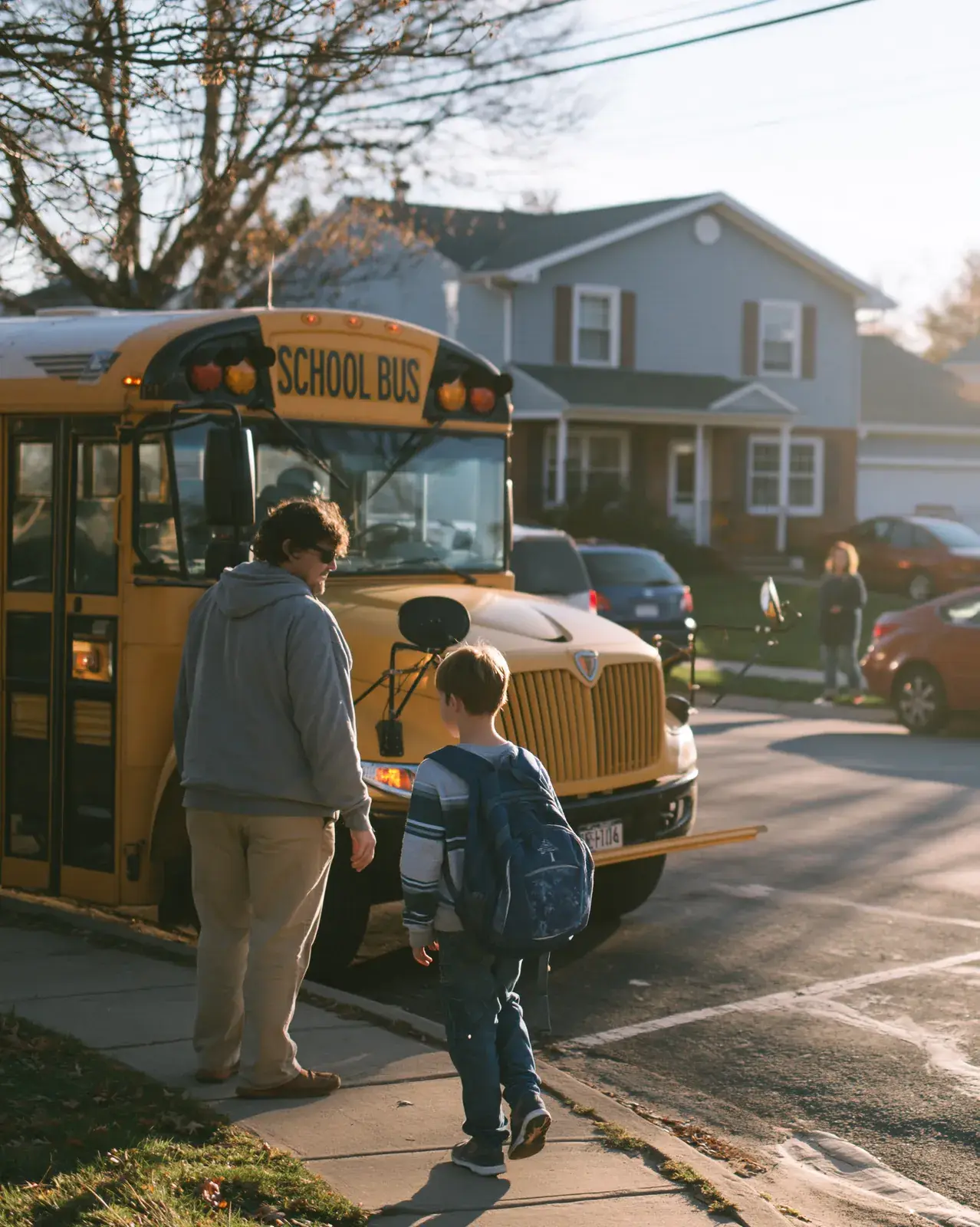 A parent and boy walking up to the open bus door on a crisp morning.
