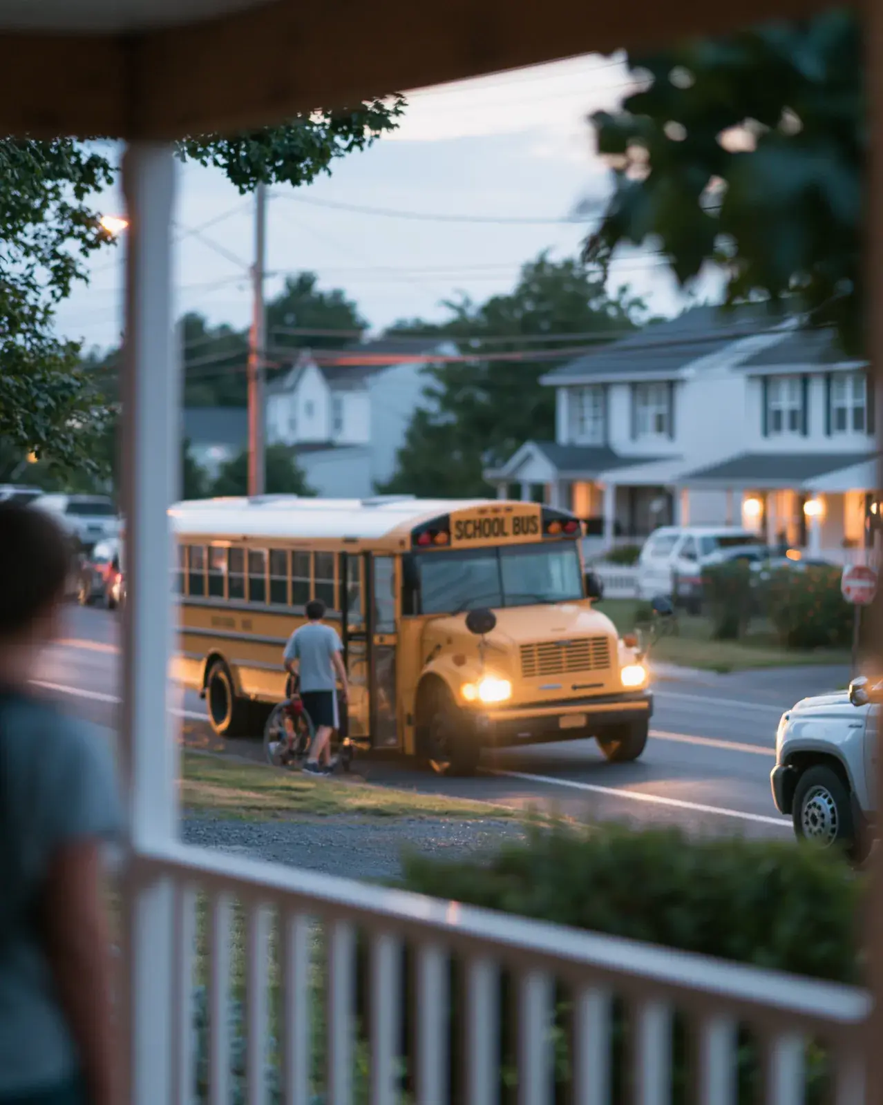 The bus at the curb seen from a neighbor’s porch, lights on at dusk.