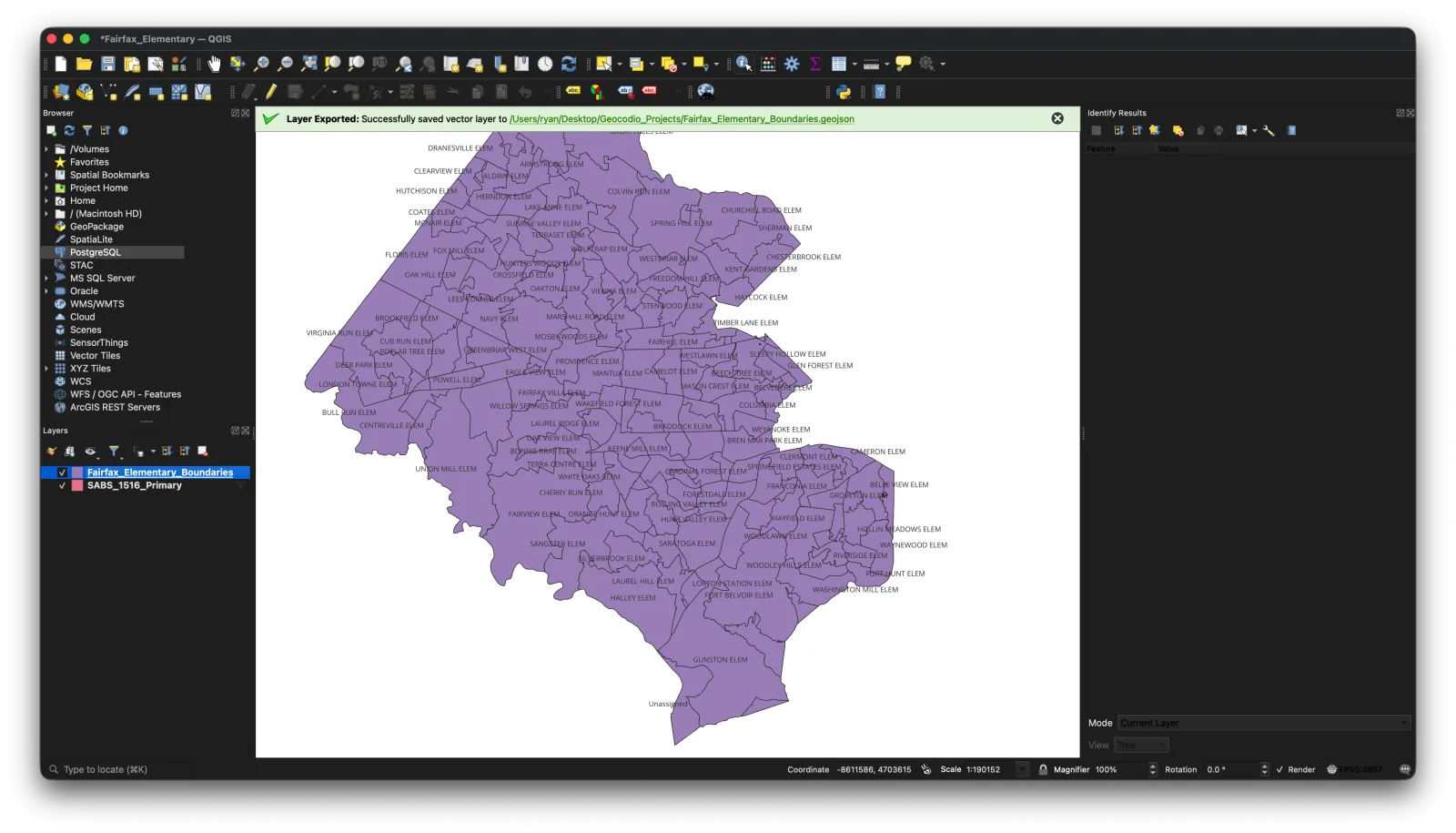 The attendance boundary layer open in QGIS, filtered down to the fields the app needs.