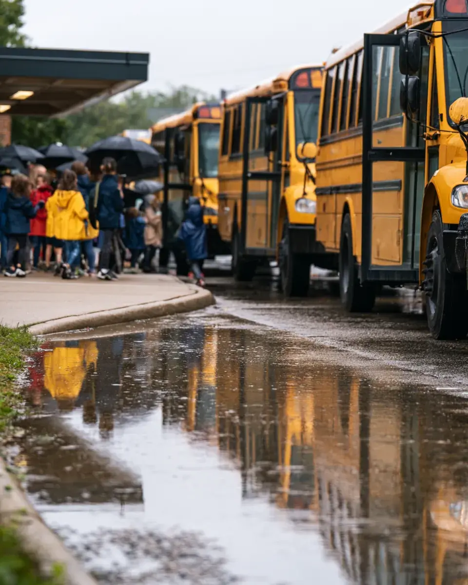 Umbrellas along the walk and buses reflected in a rain puddle.