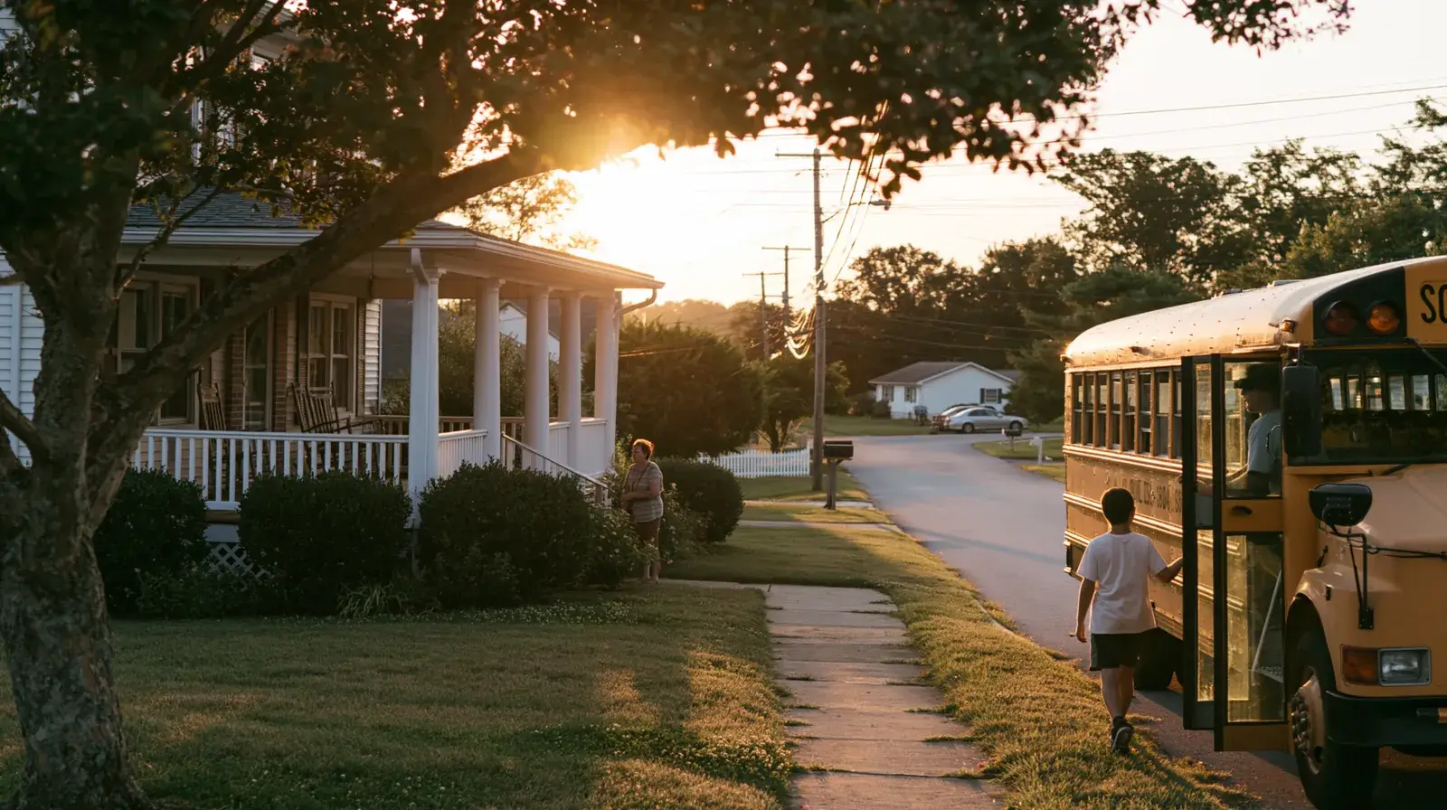 A child running down the sidewalk toward a bus already at the stop.