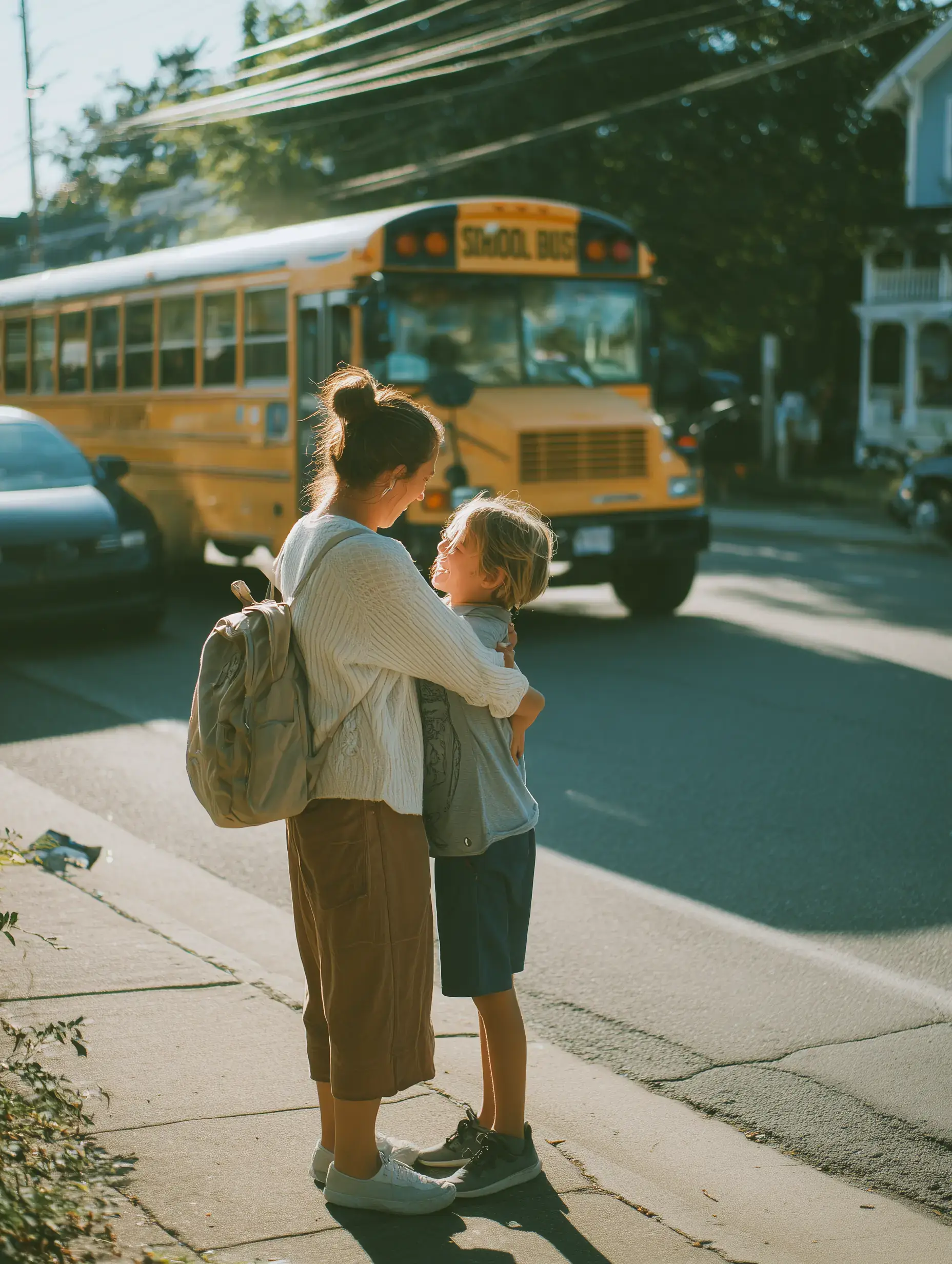 A mother holding her child at the curb with the bus pulled up behind them.