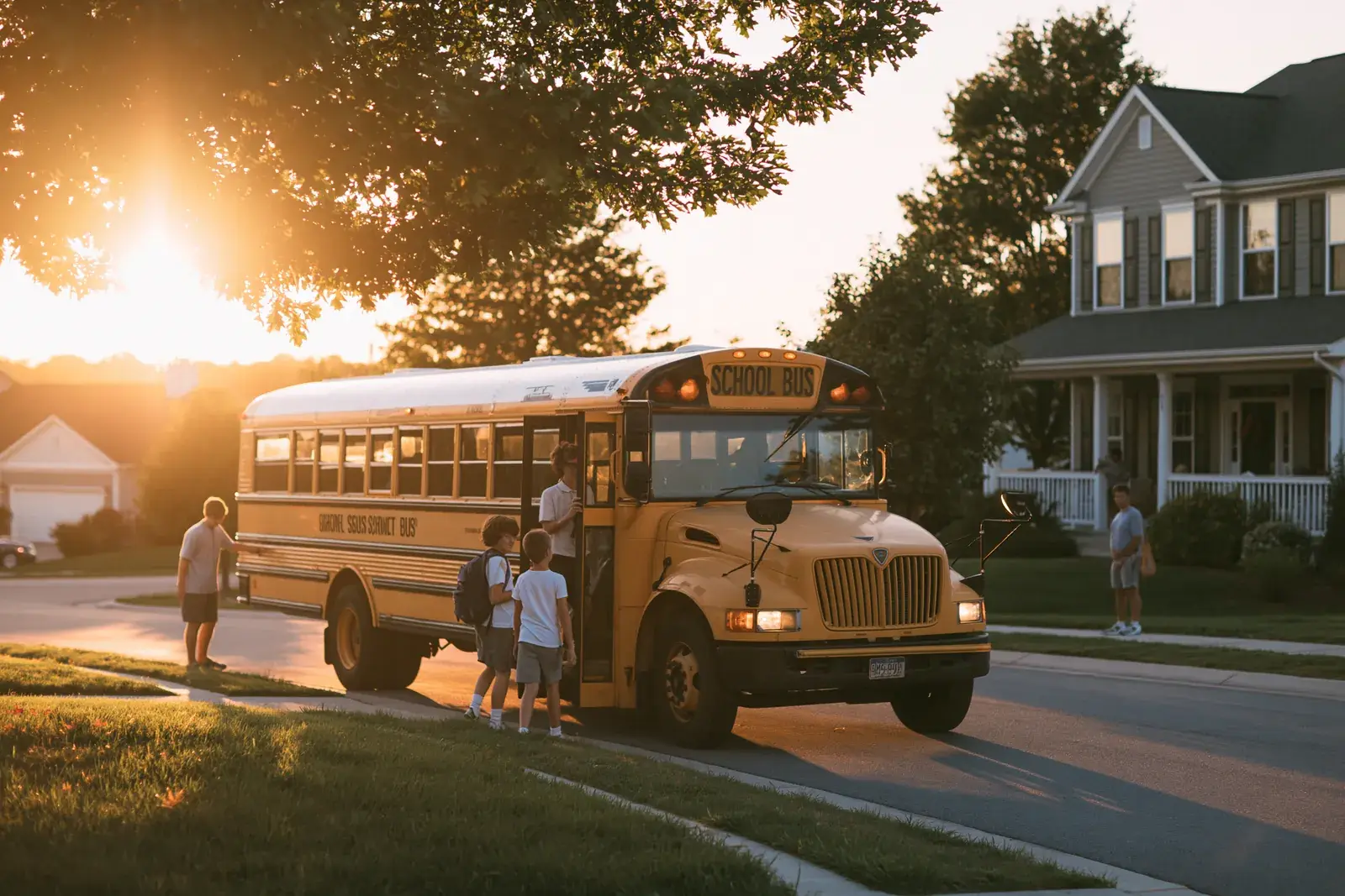 Three riders boarding at the curb with the sun coming up behind the bus.