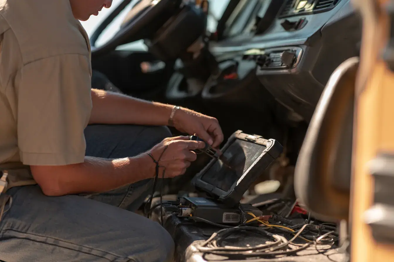 Hands wiring a rugged tablet into the footwell of a bus.
