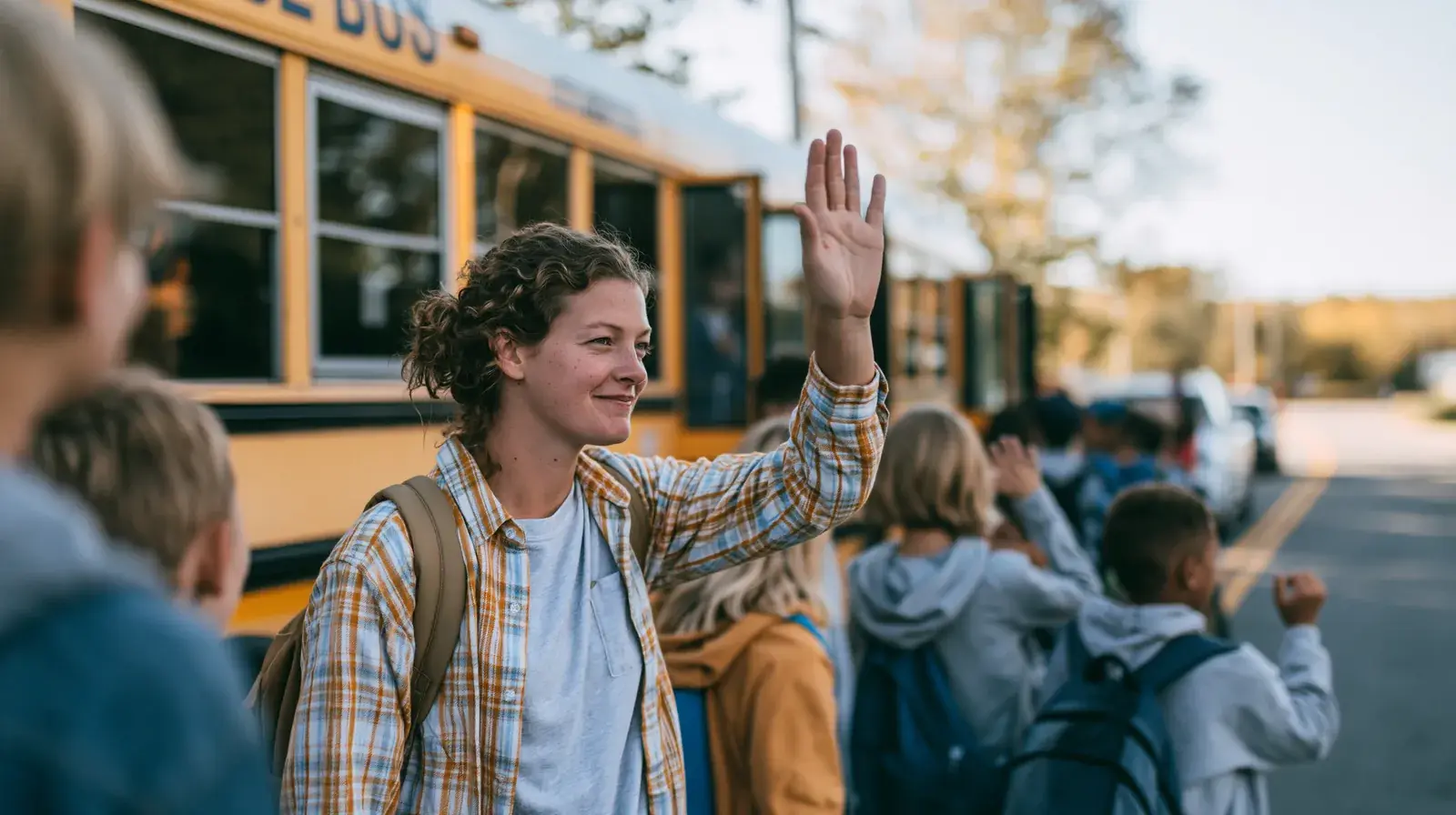 A staff member waving students off as they head for the bus.