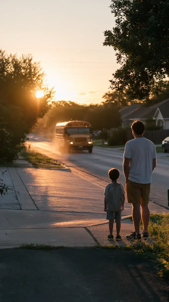 A parent and small child on the sidewalk watching the bus come up the street at sunrise.