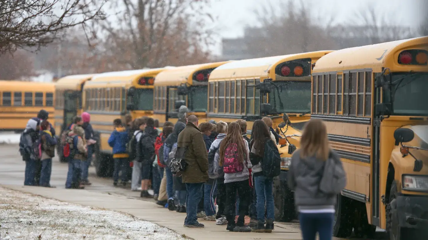 A long queue of students beside a row of buses on a cold, bare day.