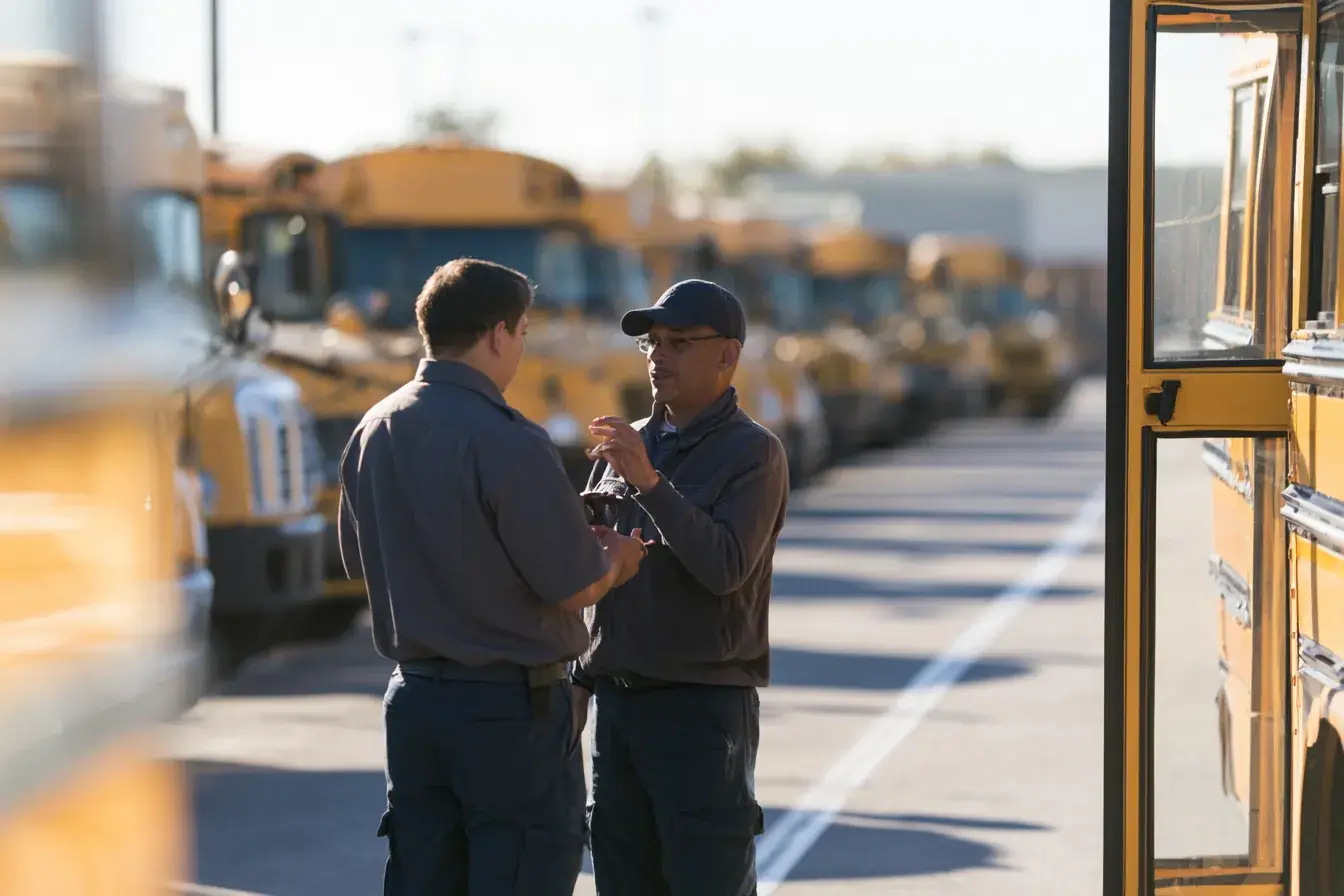 Two drivers in uniform talking between rows of parked buses.